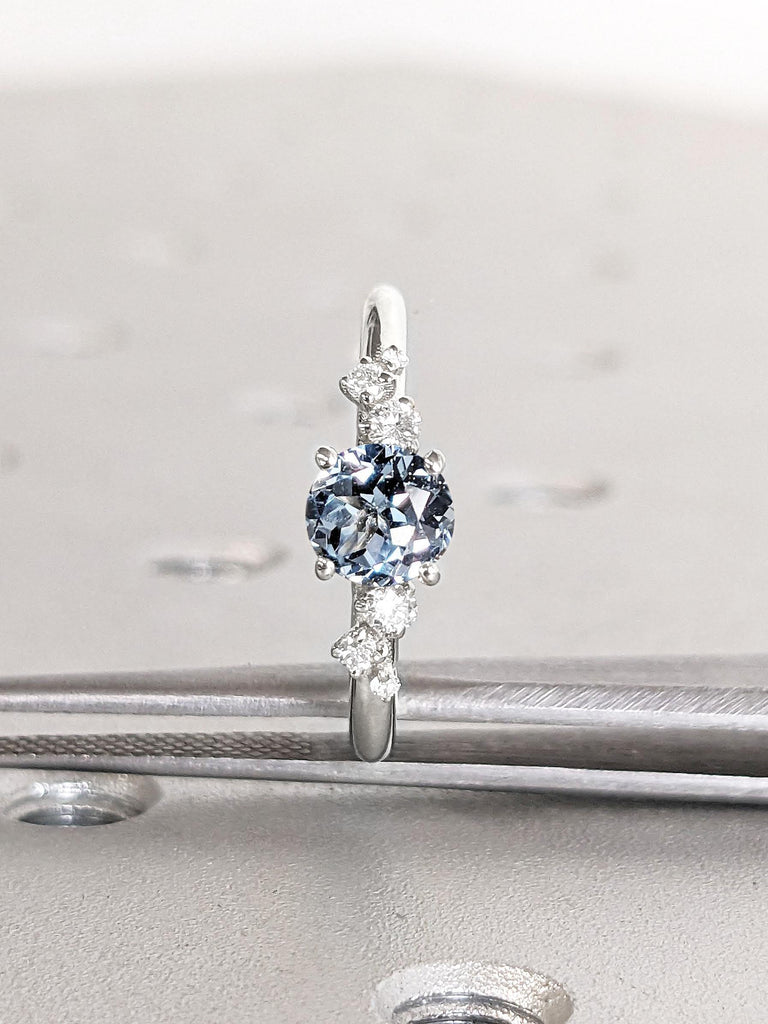 14k Vintage Aquamarine Engagement Ring | Solid Gold Round Lab Aquamarine Rings for Women, Light Blue Gemstone Solitaire Ring, Simple Statement Ring, Her Gift