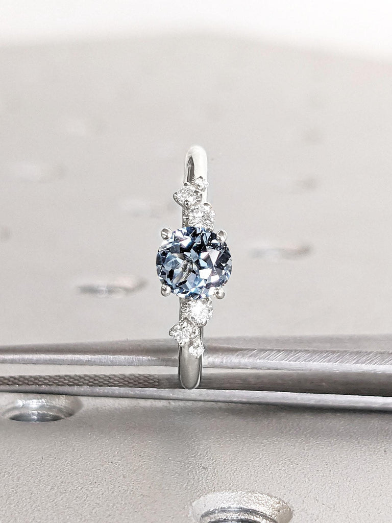 14k Vintage Aquamarine Engagement Ring | Solid Gold Round Lab Aquamarine Rings for Women, Light Blue Gemstone Solitaire Ring, Simple Statement Ring, Her Gift