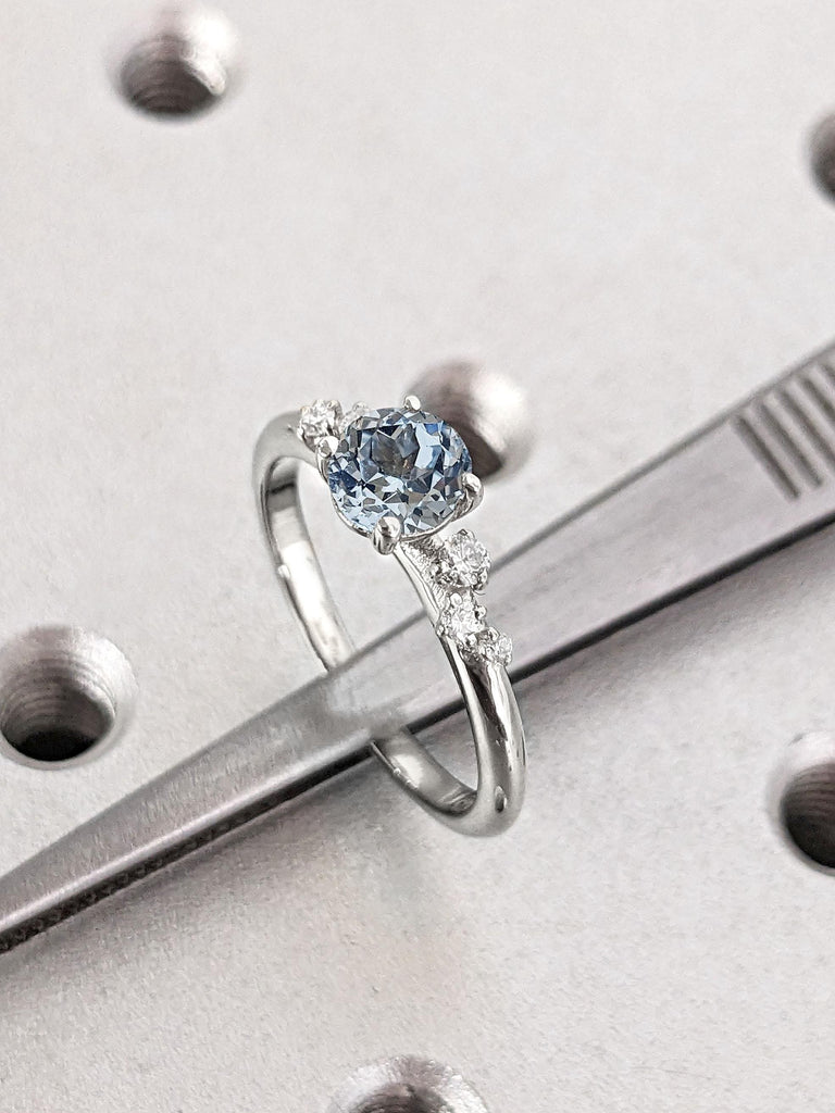 Light Blue Gemstone with Diamond | 18k Gold Aquamarine Ring | March Birthstone Jewelry Engagement Band, Round Aquamarine and Tiny Moissanite