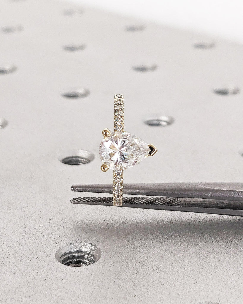 14K Solid Gold Lab Diamond Pear Ring for Women, Pave Set Side Lab Diamond Wedding Ring, 3-Prong Pear Lab Diamond Solitaire Ring, Bridal Ring