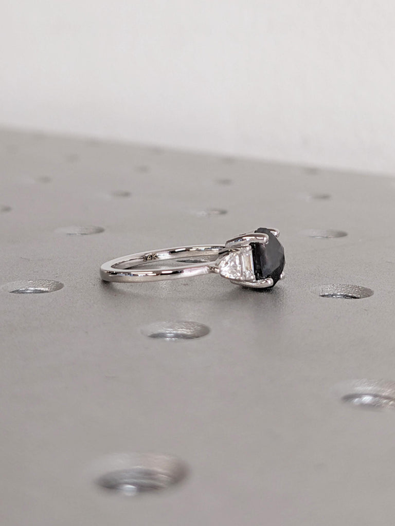 Raw Salt and Pepper Diamond Ring, 14k White Gold Ring, Salt and Pepper Hexagon Ring, Trillion and Baguette Diamond Ring, Women Wedding Ring
