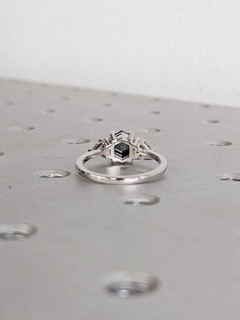 Raw Salt and Pepper Diamond Ring, 14k White Gold Ring, Salt and Pepper Hexagon Ring, Trillion and Baguette Diamond Ring, Women Wedding Ring