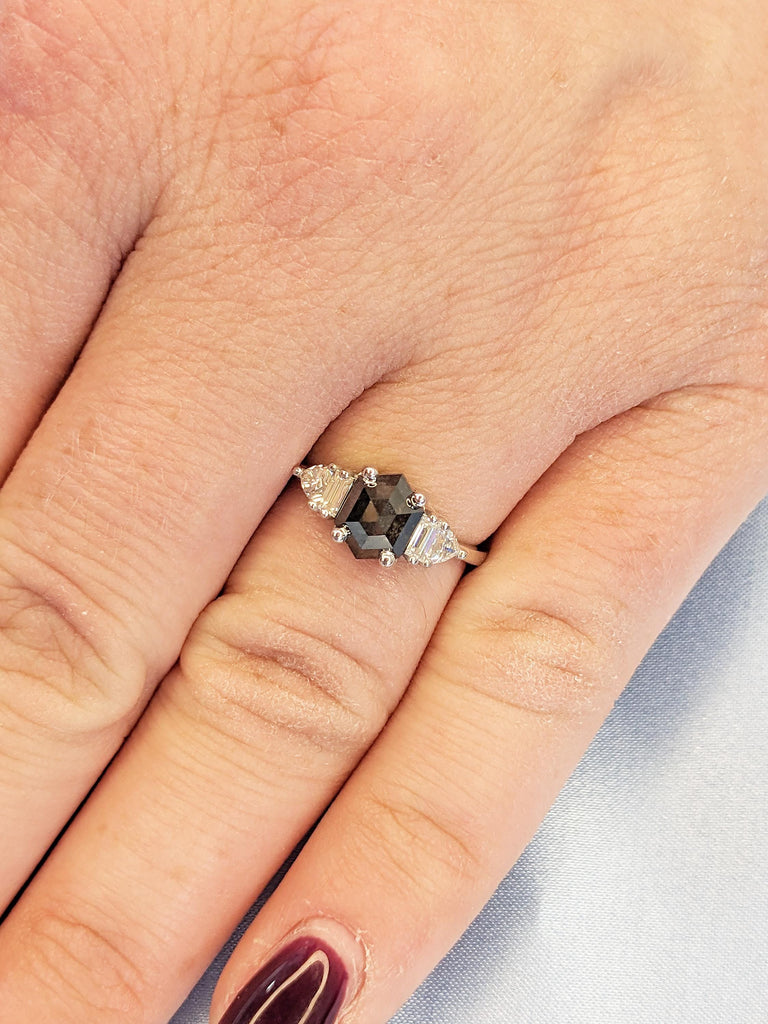 Raw Salt and Pepper Diamond Ring, 14k White Gold Ring, Salt and Pepper Hexagon Ring, Trillion and Baguette Diamond Ring, Women Wedding Ring