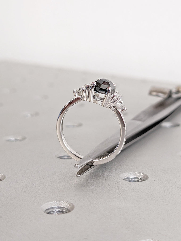 Raw Salt and Pepper Diamond Ring, 14k White Gold Ring, Salt and Pepper Hexagon Ring, Trillion and Baguette Diamond Ring, Women Wedding Ring