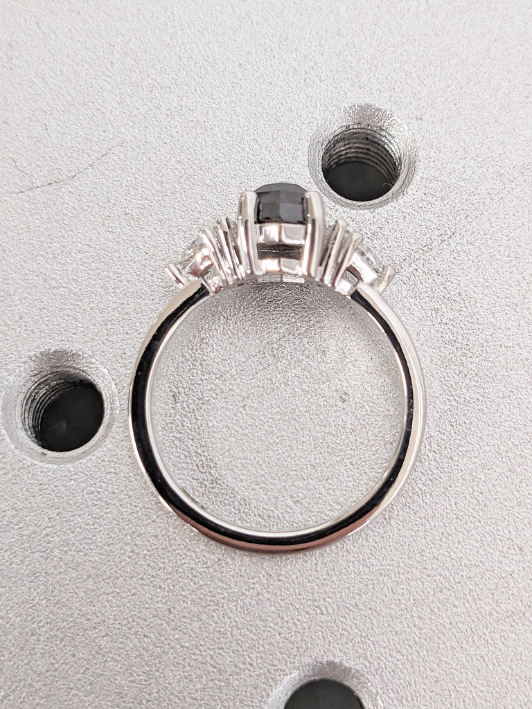 Raw Salt and Pepper Diamond Ring, 14k White Gold Ring, Salt and Pepper Hexagon Ring, Trillion and Baguette Diamond Ring, Women Wedding Ring