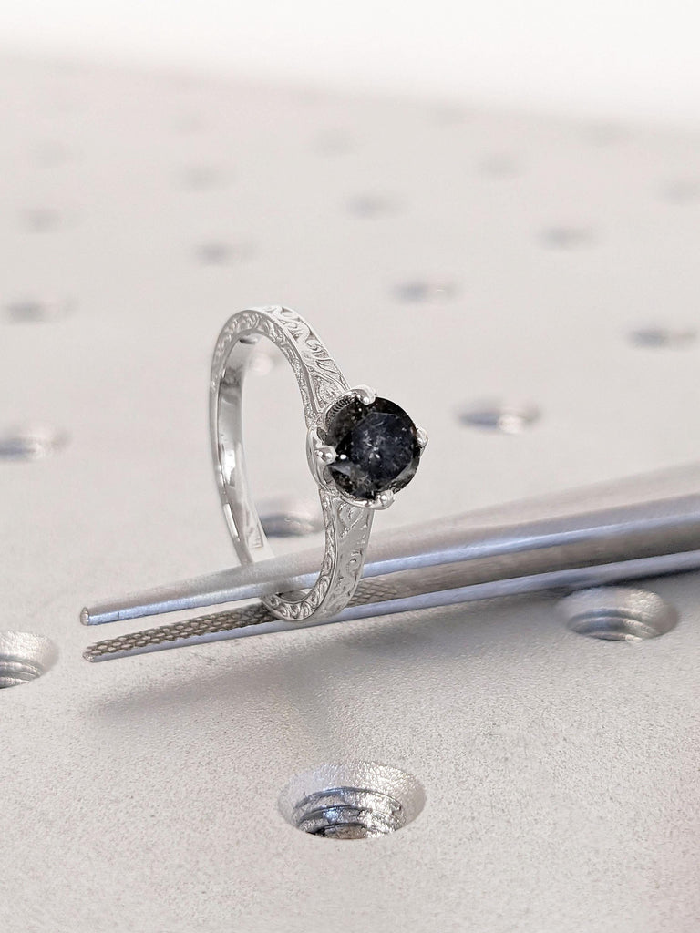 Art Deco Natural Grey Diamond Solitaire Engagement Ring | 14k White Gold Rings for Women | Vintage Filigree Promise Ring