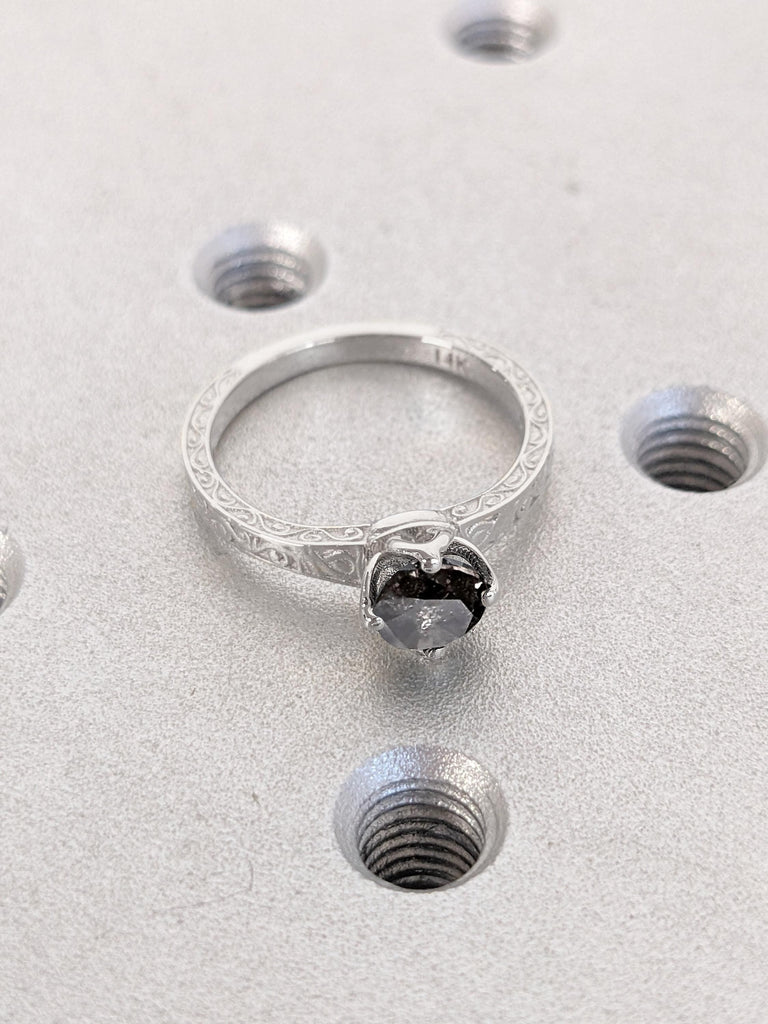 14k 18k Gold Rings for Women | Round Natural Black Diamond Solitaire | Salt and Pepper Diamond Promise Ring | Lotus Flower Basket Setting