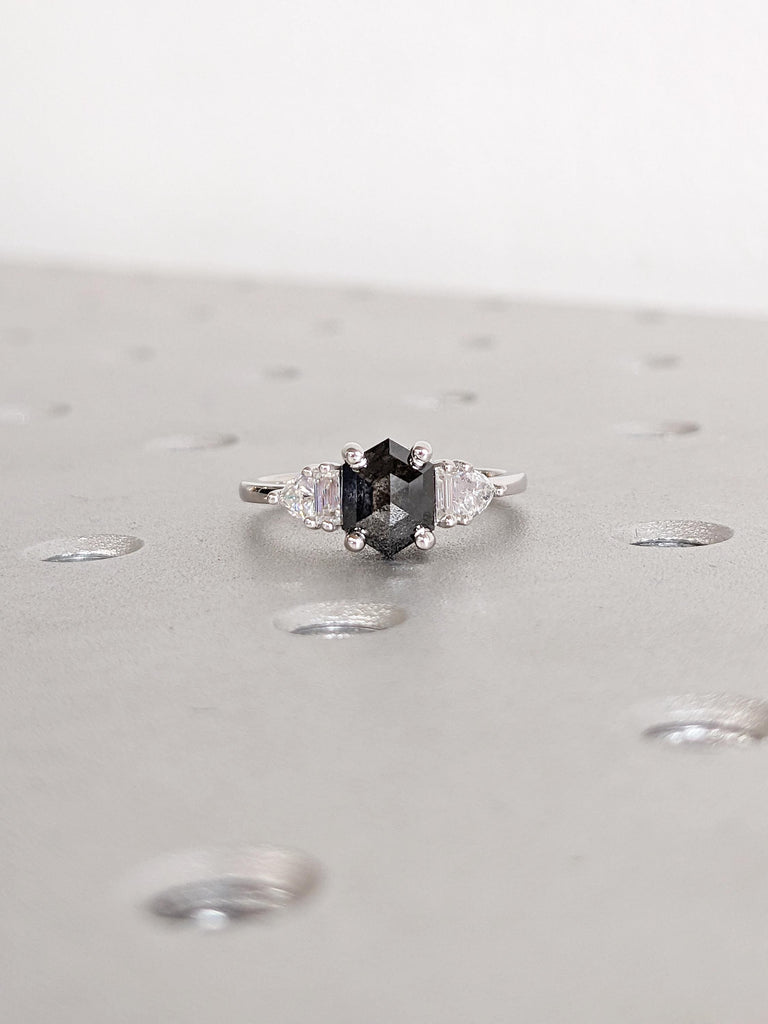 Raw Salt and Pepper Diamond Ring, 14k White Gold Ring, Salt and Pepper Hexagon Ring, Trillion and Baguette Diamond Ring, Women Wedding Ring