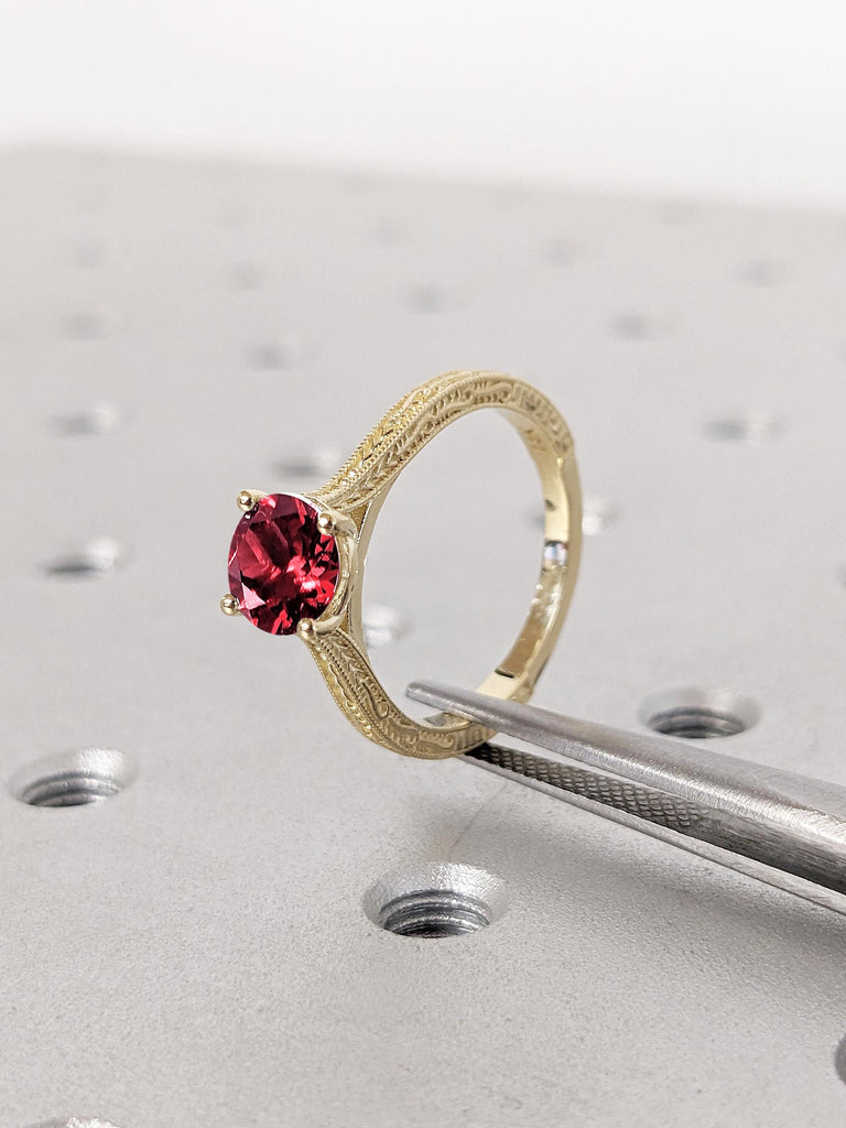 Vintage Ruby Engagement Ring, Round 14k Solid Gold Ring for Women, Filigree Lab Ruby Ring, Milgrain Women Wedding Ring, Solitaire Ruby Rings