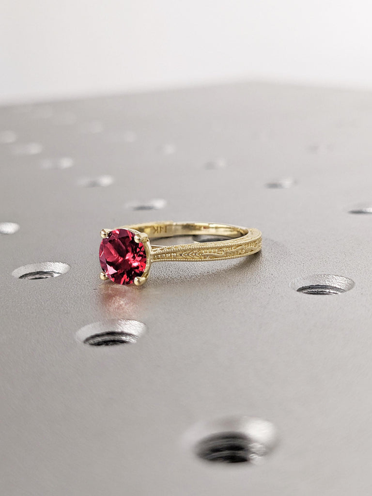 Vintage Ruby Engagement Ring, Round 14k Solid Gold Ring for Women, Filigree Lab Ruby Ring, Milgrain Women Wedding Ring, Solitaire Ruby Rings