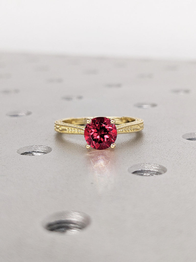 Vintage Ruby Engagement Ring, Round 14k Solid Gold Ring for Women, Filigree Lab Ruby Ring, Milgrain Women Wedding Ring, Solitaire Ruby Rings