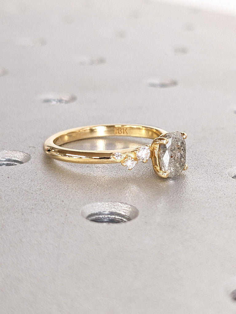 Light Grey Herkimer Diamond Ring | Promise Ring For Her | 1CT, 1.5ct Oval Cut Galaxy Raw Salt and Pepper Diamond Engagement Ring for Women
