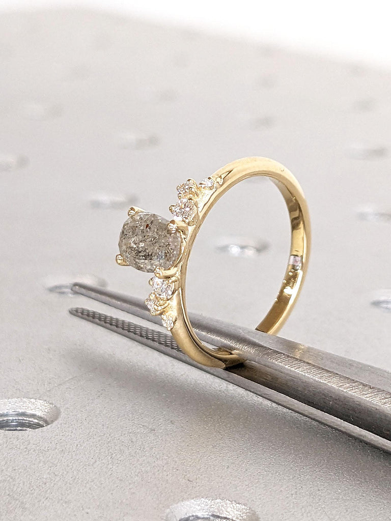 Natural Grey Diamond Ring | Oval Engagement Ring | Simple Salt and Pepper Ring | 18k Yellow Gold Snowdrift Lab Grown Diamond Ring