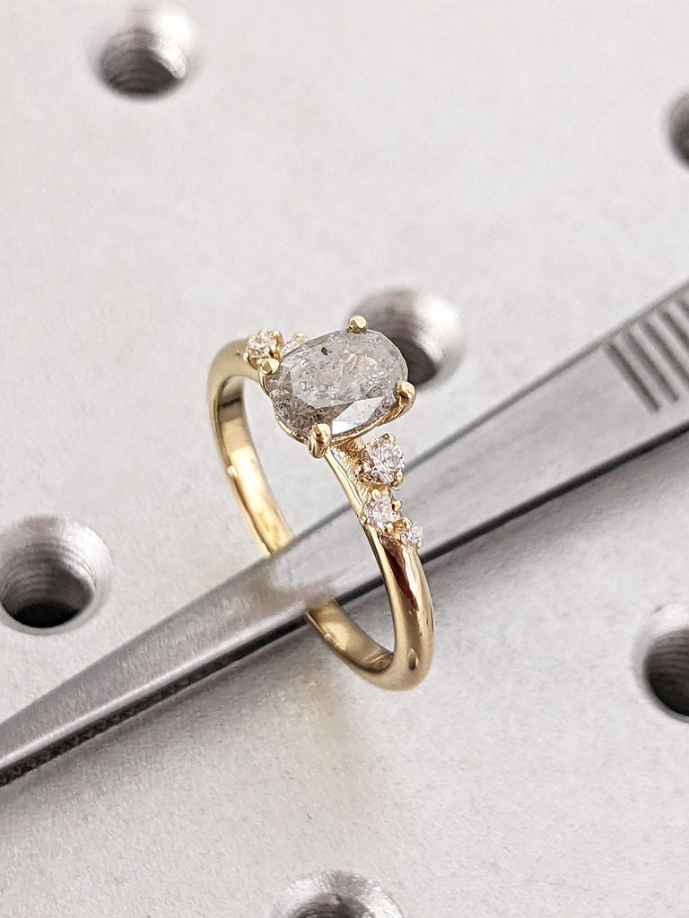 Light Grey Herkimer Diamond Ring | Promise Ring For Her | 1CT, 1.5ct Oval Cut Galaxy Raw Salt and Pepper Diamond Engagement Ring for Women | Snowdrift Diamond Cluster Ring