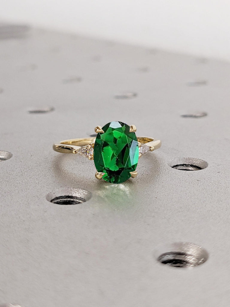 14k Solid Gold Emerald Engagement Ring, Vintage Emerald Ring for Women, Three Stone Ring, Oval Promise Ring, Art Deco Proposal Gemstone Ring image #2