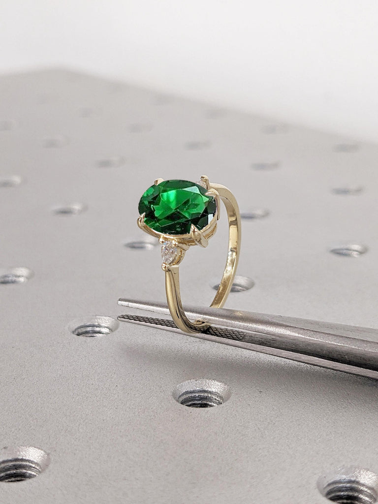 14k Solid Gold Emerald Engagement Ring, Vintage Emerald Ring for Women, Three Stone Ring, Oval Promise Ring, Art Deco Proposal Gemstone Ring image #1