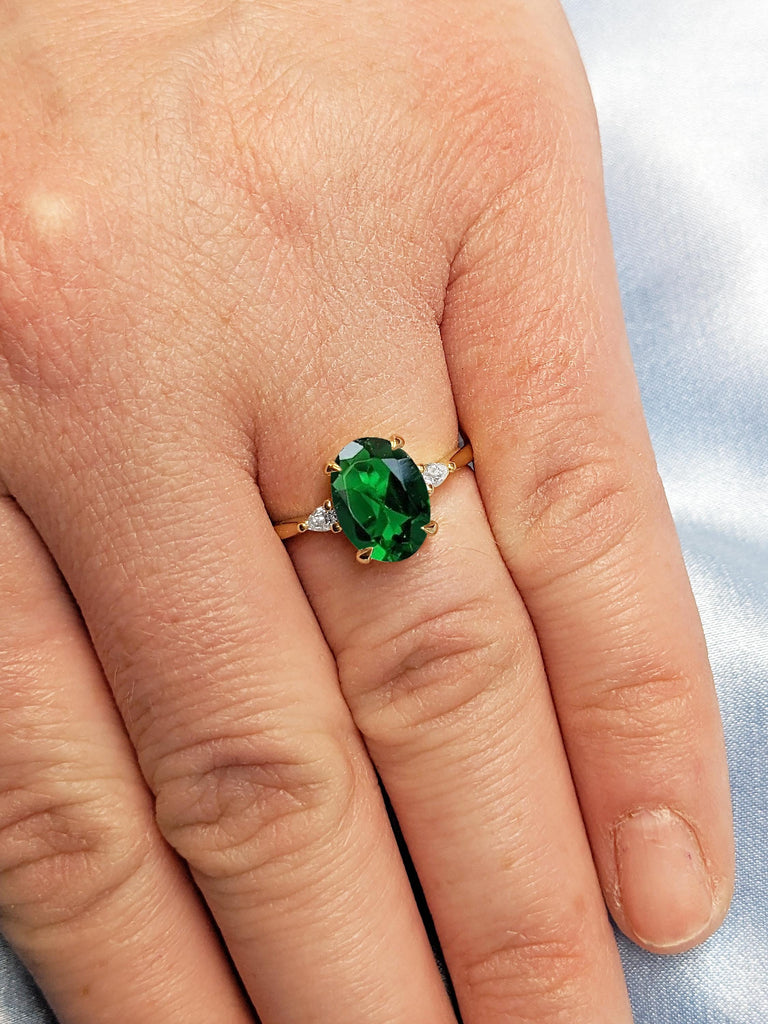 14k Solid Gold Emerald Engagement Ring, Vintage Emerald Ring for Women, Three Stone Ring, Oval Promise Ring, Art Deco Proposal Gemstone Ring image #5