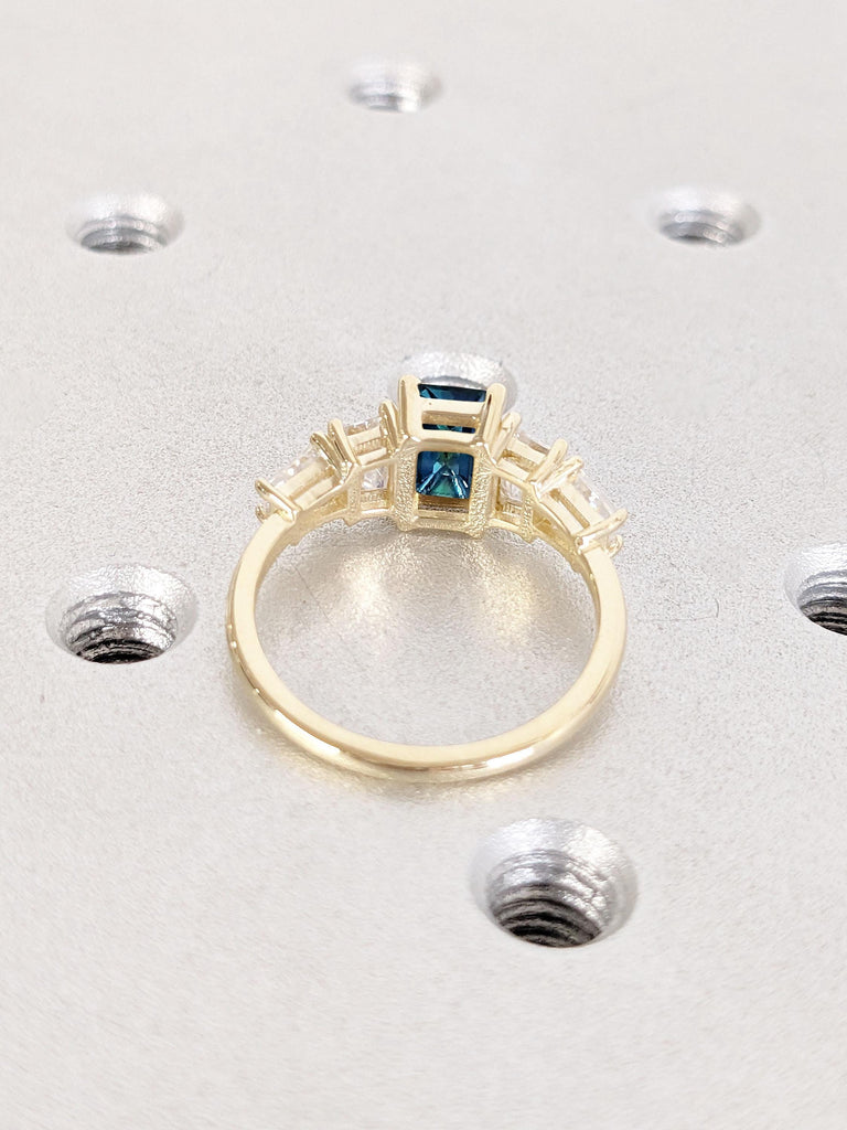 Emerald cut Peacock Sapphire Ring | Green Gemstone Engagement Ring | 14k Yellow Rose White Gold Promise Ring for Her | Sapphire Engagement