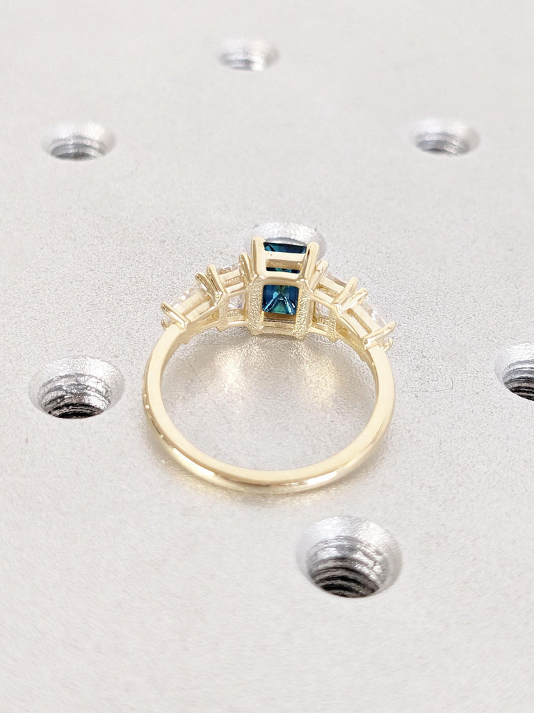 Emerald cut Peacock Sapphire Ring | Green Gemstone Engagement Ring | 14k Yellow Rose White Gold Promise Ring for Her | Sapphire Engagement