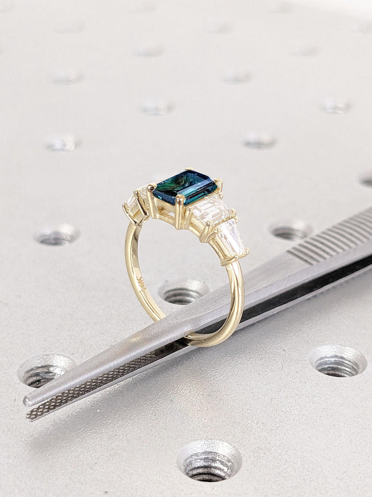 5 Stone Sapphire and Lab Grown Diamond Engagement Ring | Real Gold Promise Ring for Her | Geometrical Ring