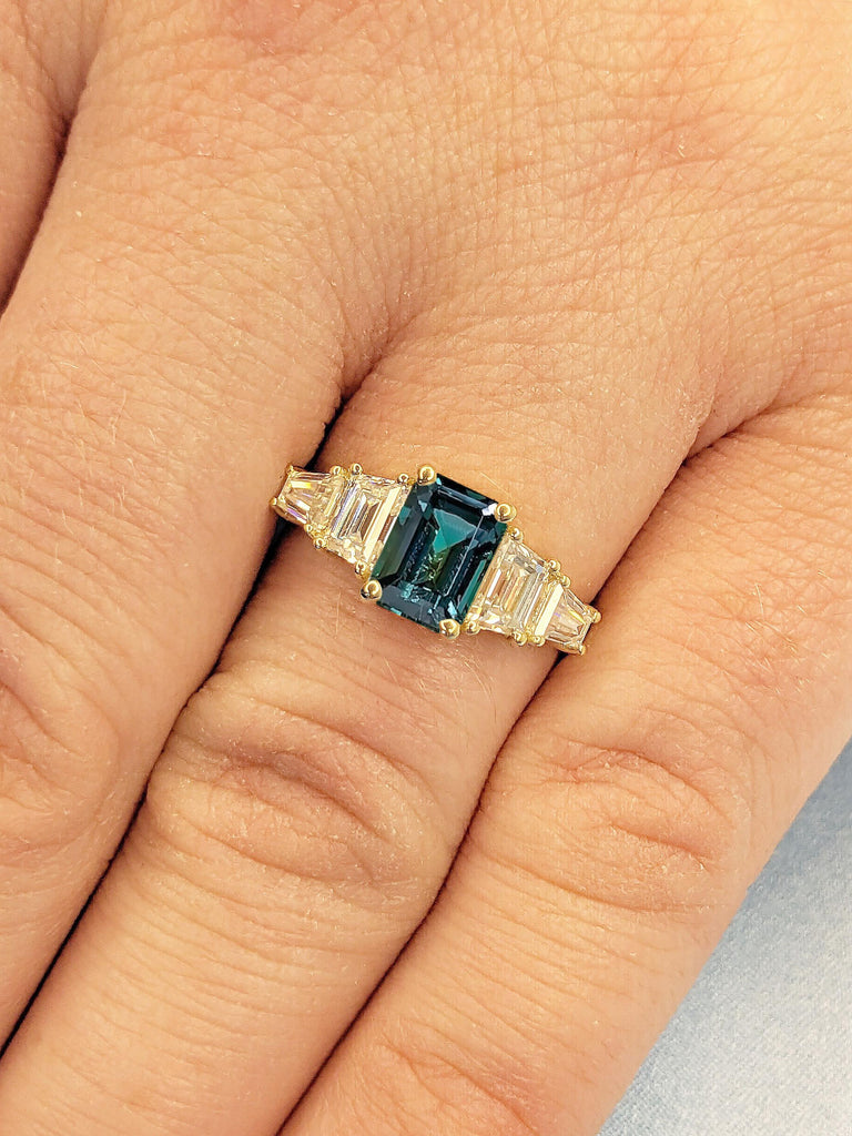 Natural Teal Sapphire Engagement Ring | 14k Yellow Gold Rings for Women | Emerald and Tapered Baguette cut Diamond