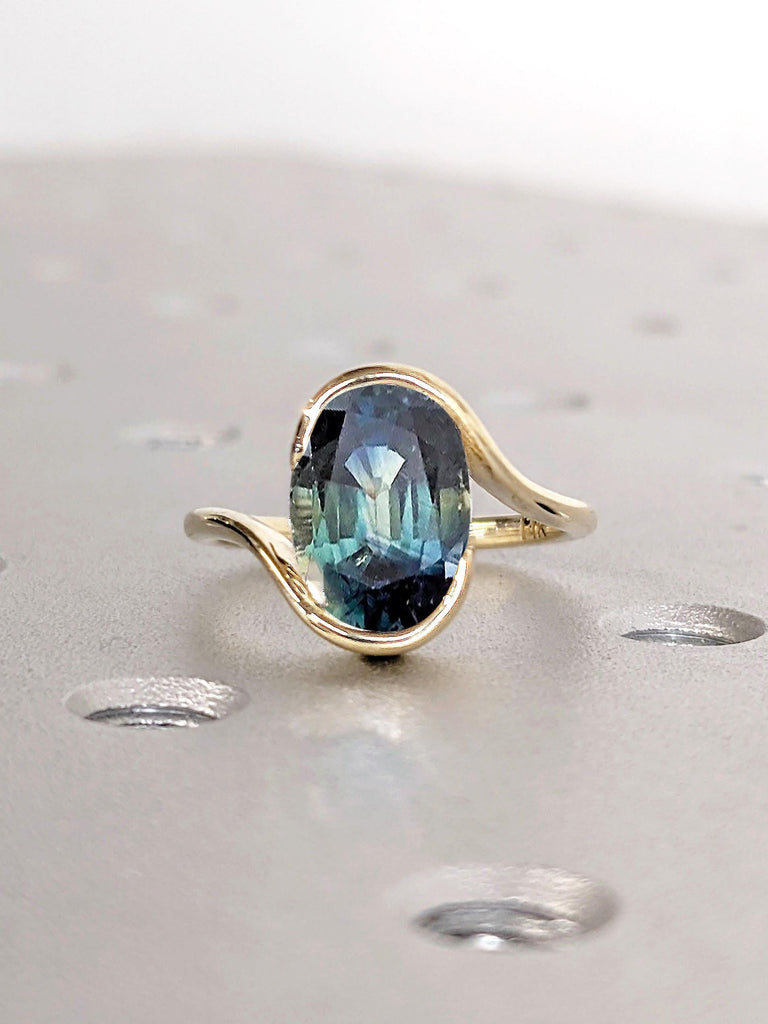 2 Carat Oval Blue Green Sapphire Engagement Ring | 14k 18k Yellow Gold Bypass Engagement Ring | Solitaire Sapphire Ring for Women | Bezel Set Ring