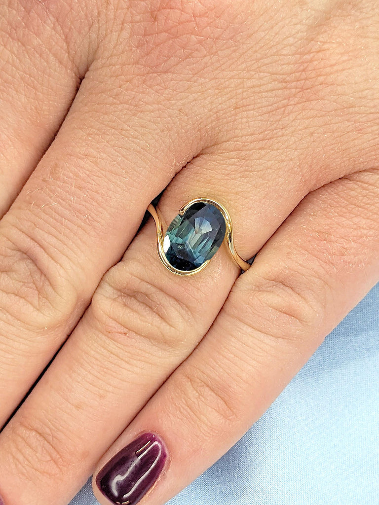 14k Gold Engagement Ring | Yellow Gold Oval cut Teal Sapphire Solitaire Ring | Wedding Anniversary Ring for Wife | Sapphire Statement Ring