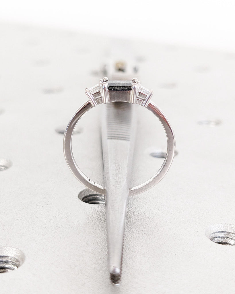 Emerald Baguette Raw Salt and Pepper Diamond Gold Engagement Ring / Art Deco 1920's Inspired Thin Petite Band / Unique Ring / 14K White Gold