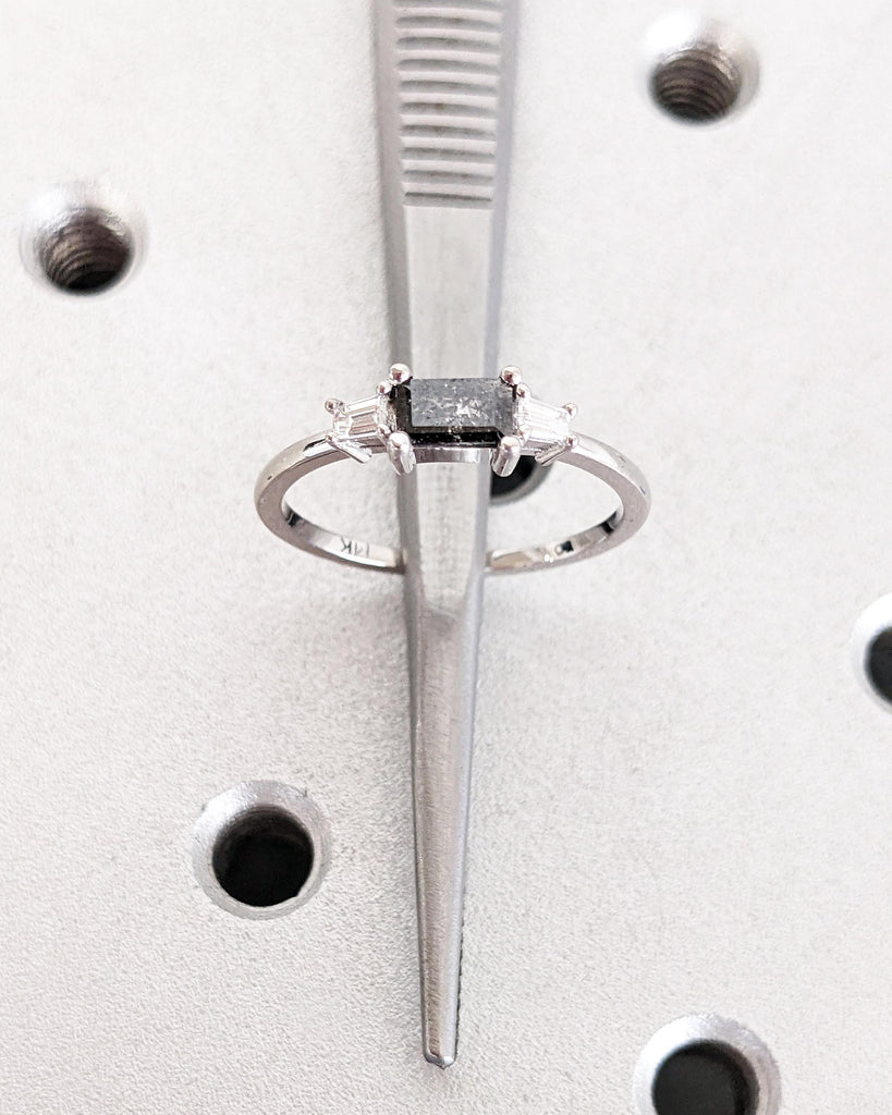 Emerald Baguette Raw Salt and Pepper Diamond Gold Engagement Ring / Art Deco 1920's Inspired Thin Petite Band / Unique Ring / 14K White Gold