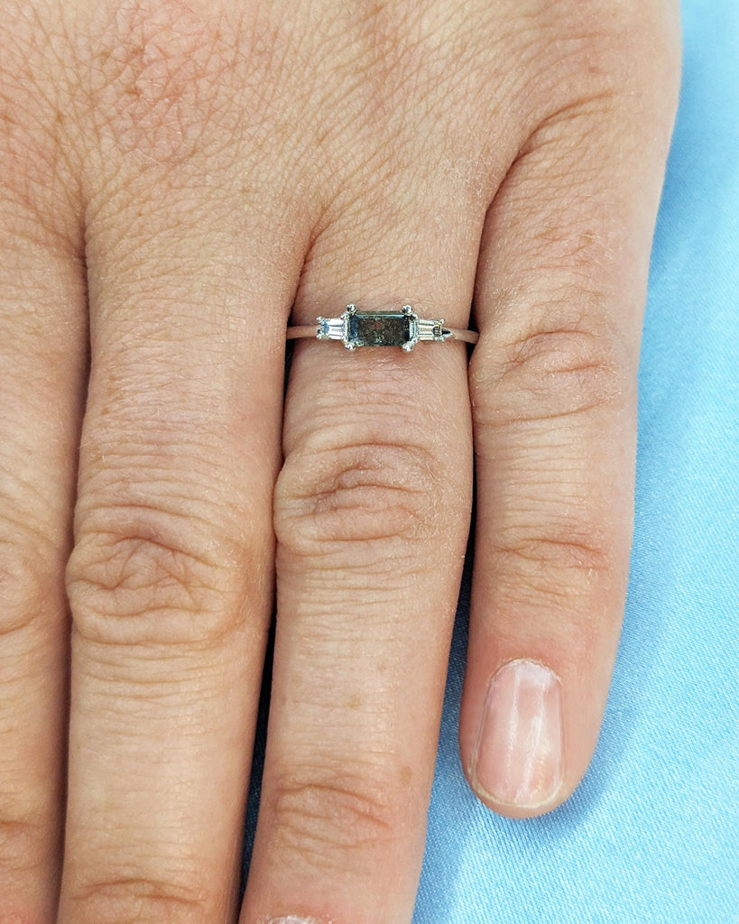 Emerald Baguette Raw Salt and Pepper Diamond Gold Engagement Ring, Art Deco 1920's Inspired, Thin Petite Band, 14K Gold, Unique Ring for Her