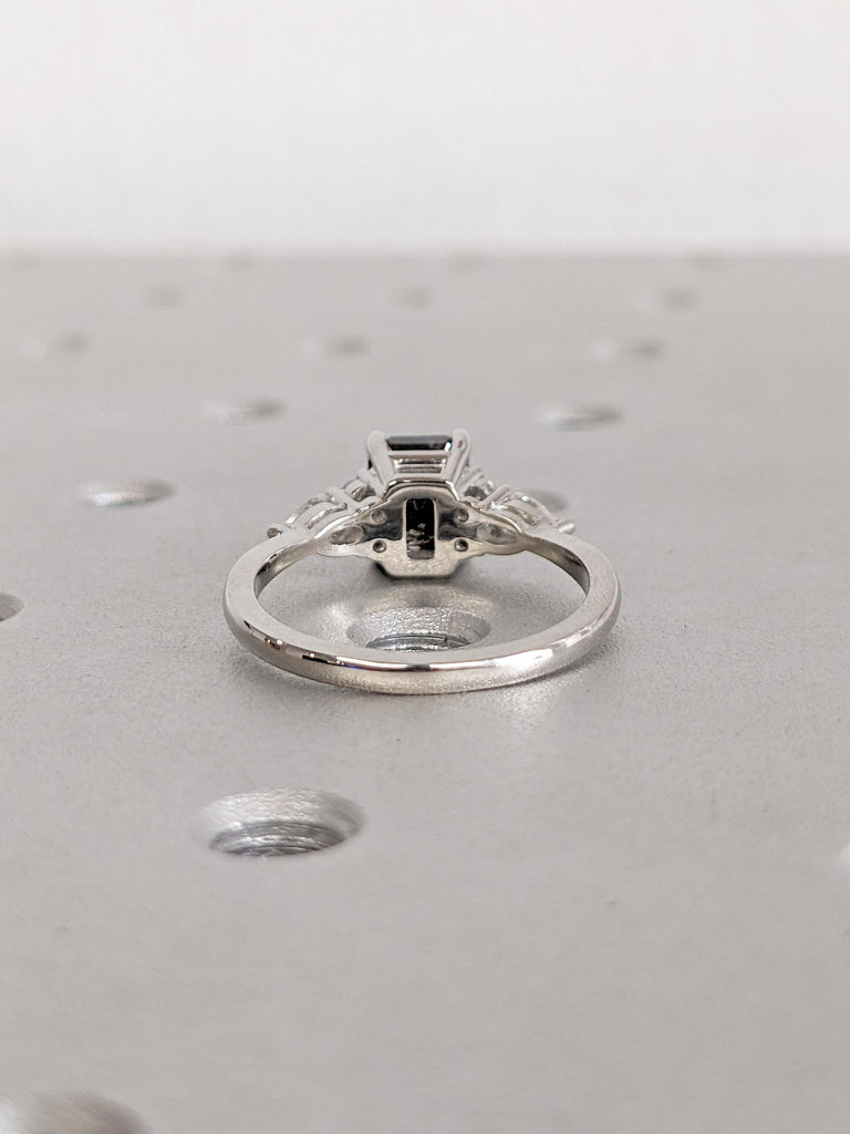 Emerald Cut Engagement Ring, Salt and Pepper Diamond Ring, Platinum Ring for Women, Vintage Anniversary Ring, Unique Diamond Cluster Ring