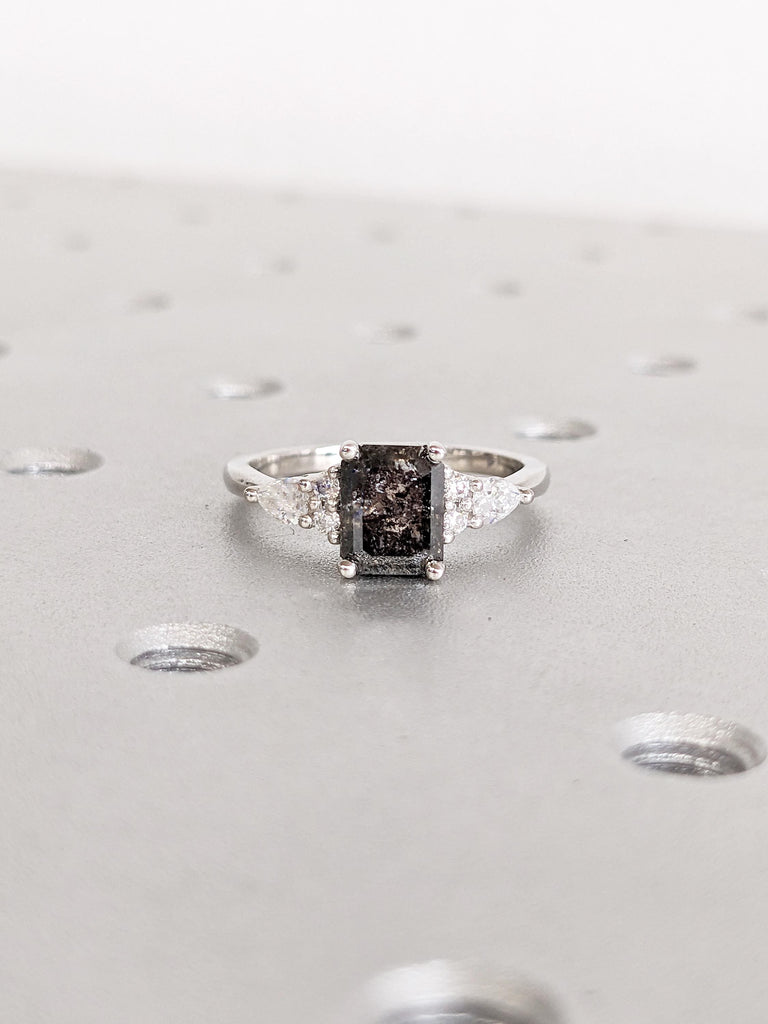 Emerald Cut Engagement Ring, Salt and Pepper Diamond Ring, Platinum Ring for Women, Vintage Anniversary Ring, Unique Diamond Cluster Ring