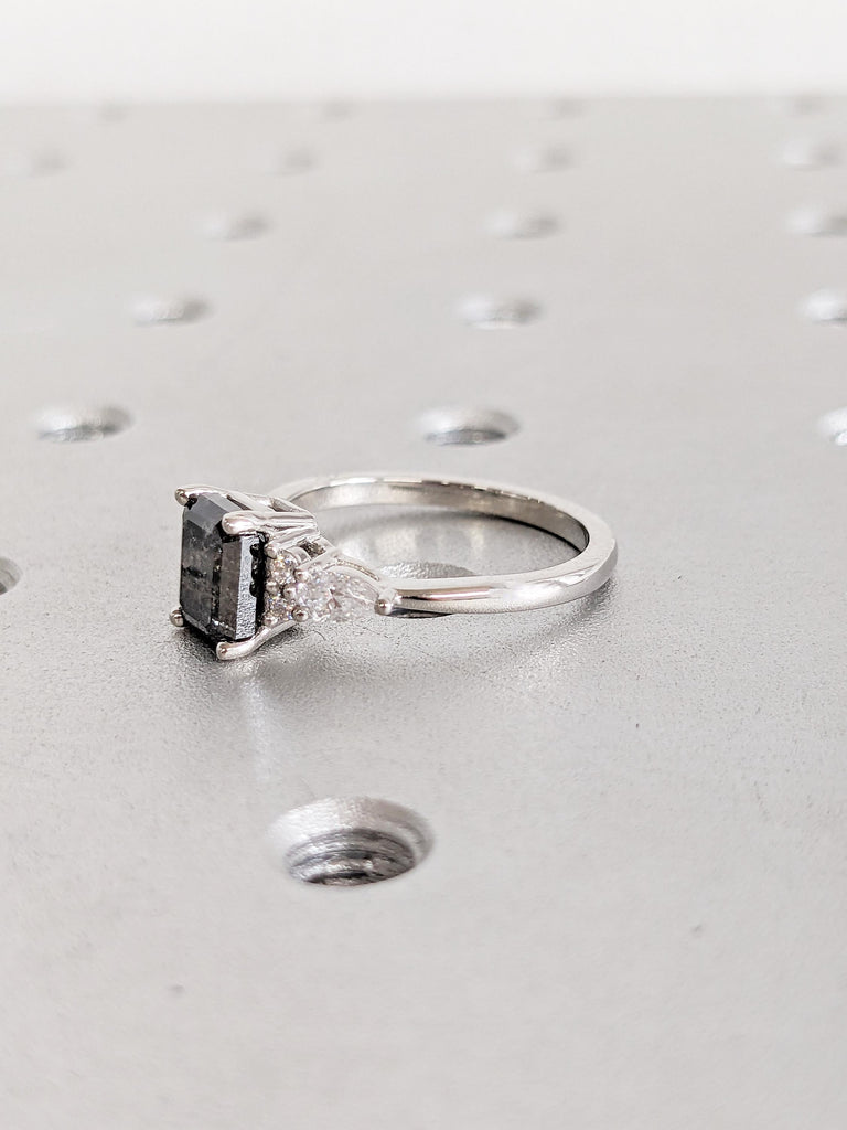 Emerald Cut Ring, Salt and Pepper Diamond Ring, Platinum Engagement Ring, Moissanite or Diamond Cluster Ring, Art Deco Promise Ring for Her