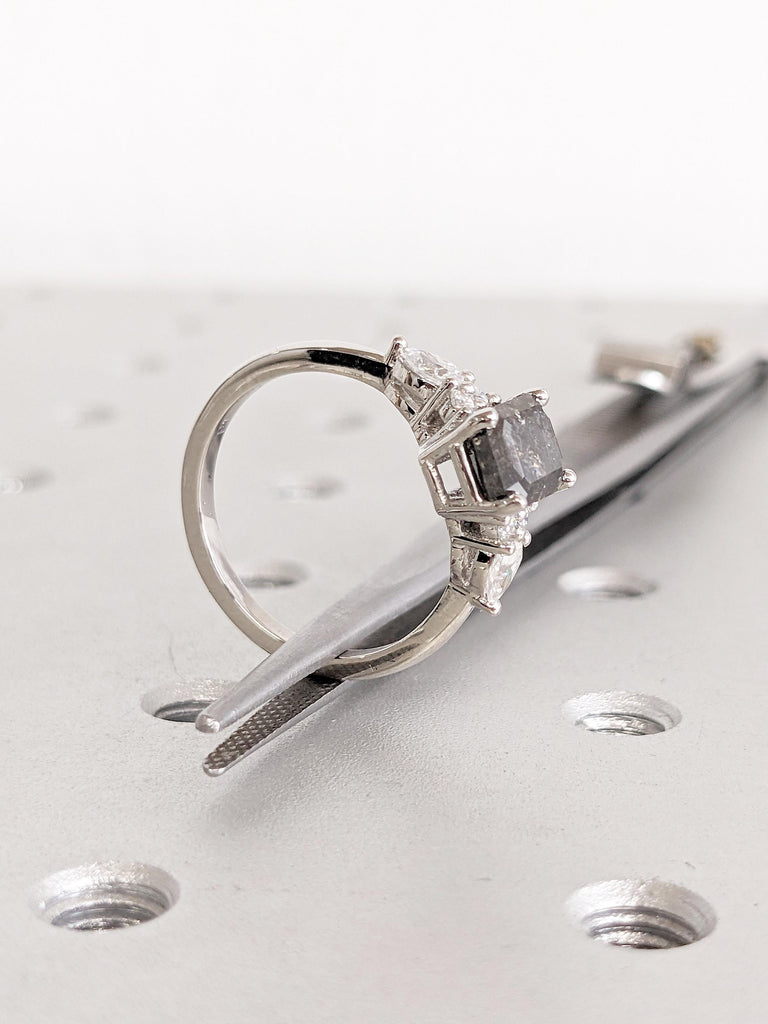 Emerald Cut Ring, Salt and Pepper Diamond Ring, Platinum Engagement Ring, Moissanite or Diamond Cluster Ring, Art Deco Promise Ring for Her