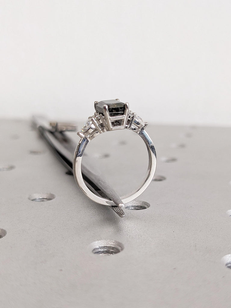 Emerald Cut Ring, Salt and Pepper Diamond Ring, Platinum Engagement Ring, Moissanite or Diamond Cluster Ring, Art Deco Promise Ring for Her