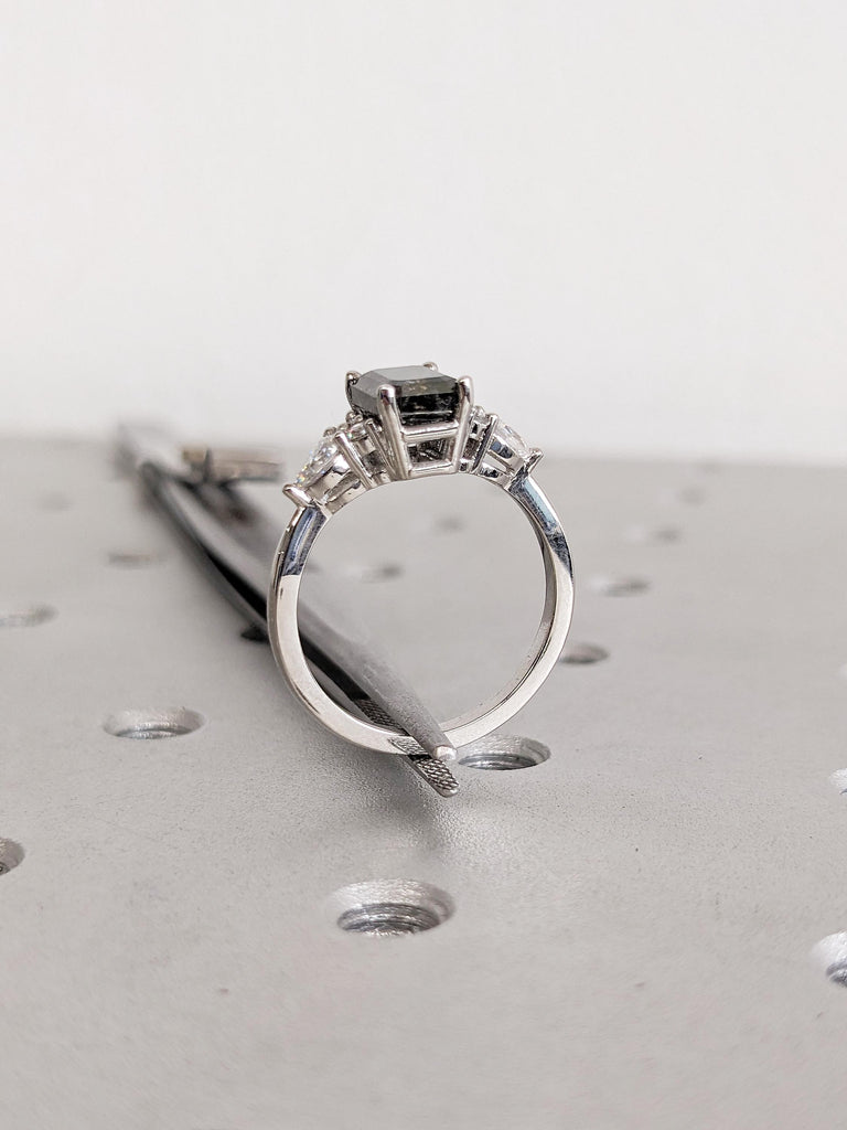 Emerald Cut Engagement Ring, Salt and Pepper Diamond Ring, Platinum Ring for Women, Vintage Anniversary Ring, Unique Diamond Cluster Ring