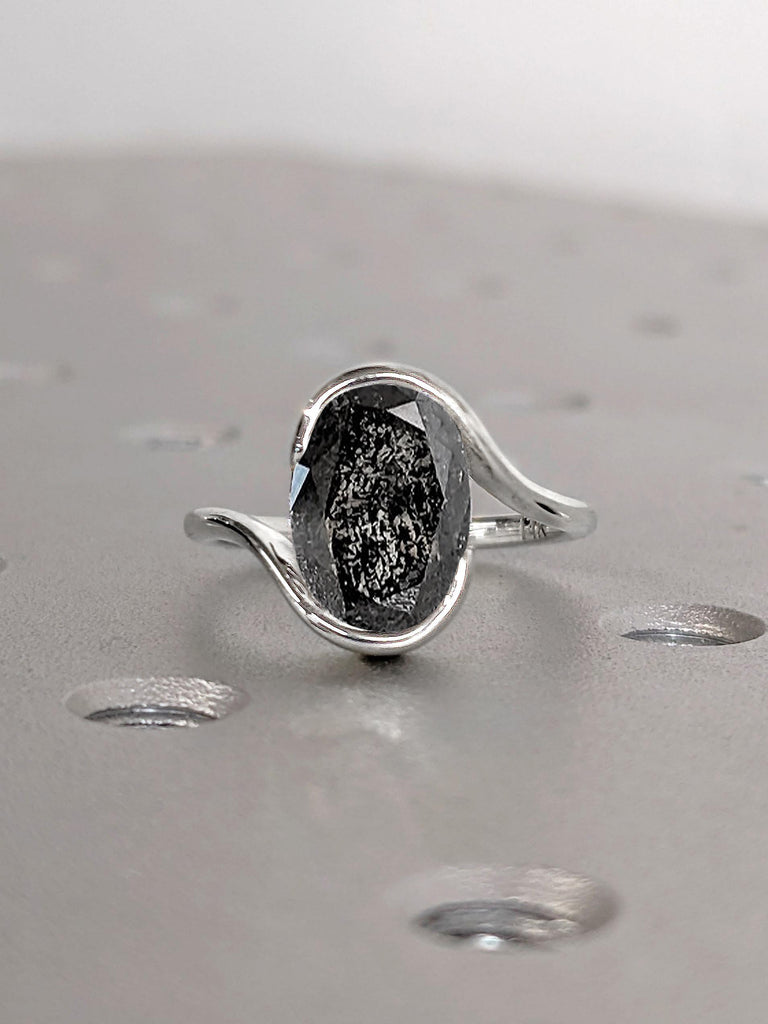 2 Carat Oval Salt and Pepper Black Diamond Engagement Ring | 14k 18k White Gold Bypass Engagement Ring | Solitaire Diamond Ring for Women | Bezel Set Ring