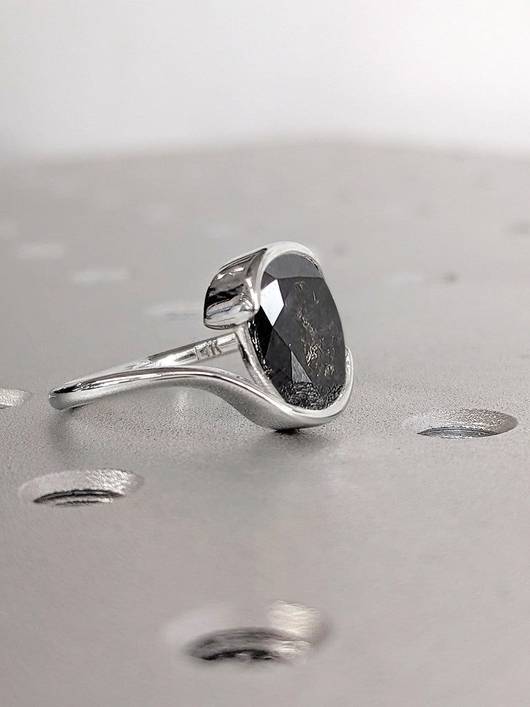 Natural Diamond Promise Ring for Her | Oval Salt and Pepper Black Diamond Solitaire Ring | 2CT Engagement Ring