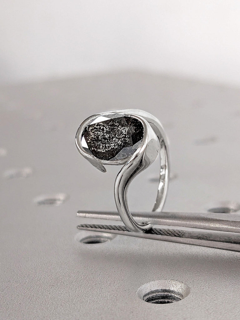 14k White Gold Engagement Ring | Oval cut Raw Salt and Pepper Diamond Solitaire Ring | Wedding Anniversary Ring for Wife | Natural Black Diamond Statement Ring
