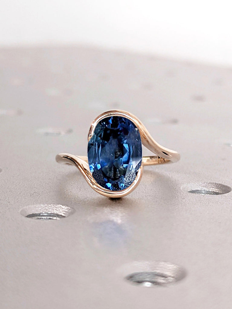 2 Carat Oval Blue Sapphire Engagement Ring | 14k 18k Rose Gold Bypass Engagement Ring | Solitaire Sapphire Ring for Women | Bezel Set Ring