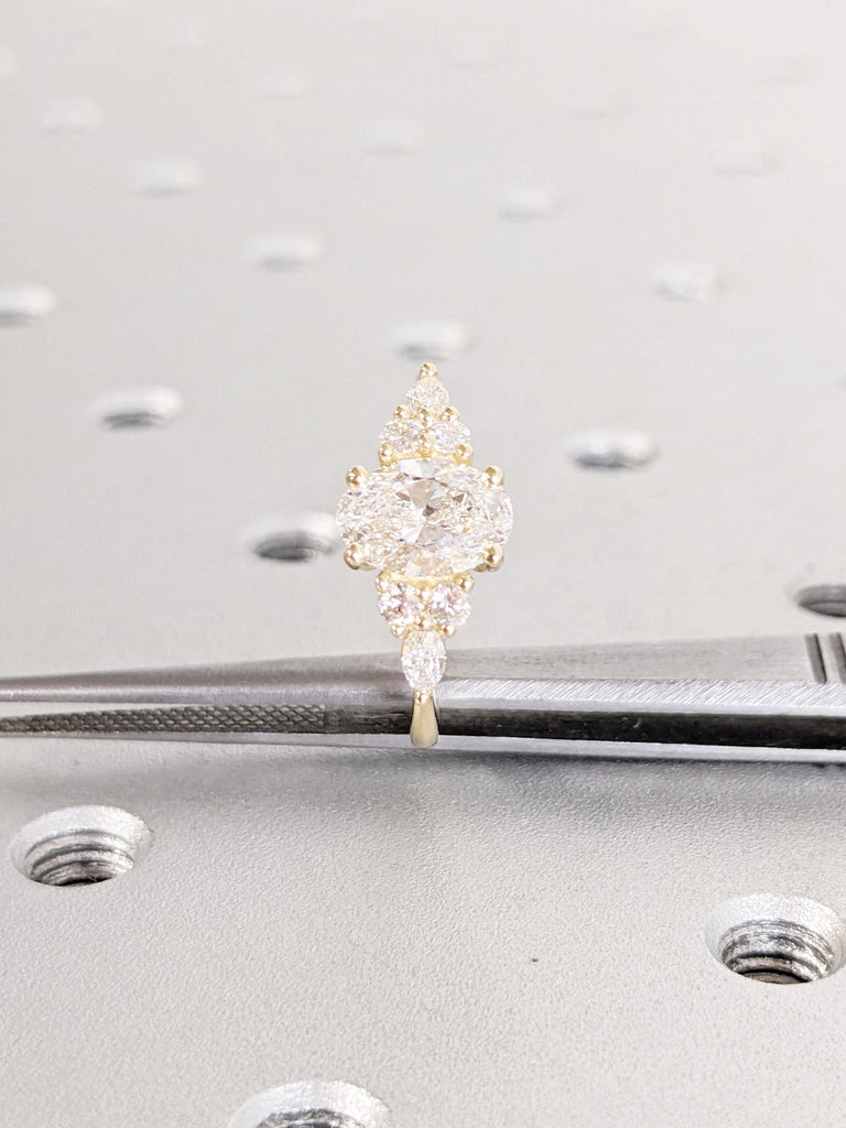 Oval Lab Grown Diamond Ring, Solid Gold Ring, Oval Engagement Ring, Art Deco Lab Diamond Ring, Engagement Gift for Her, Diamond Cluster Ring