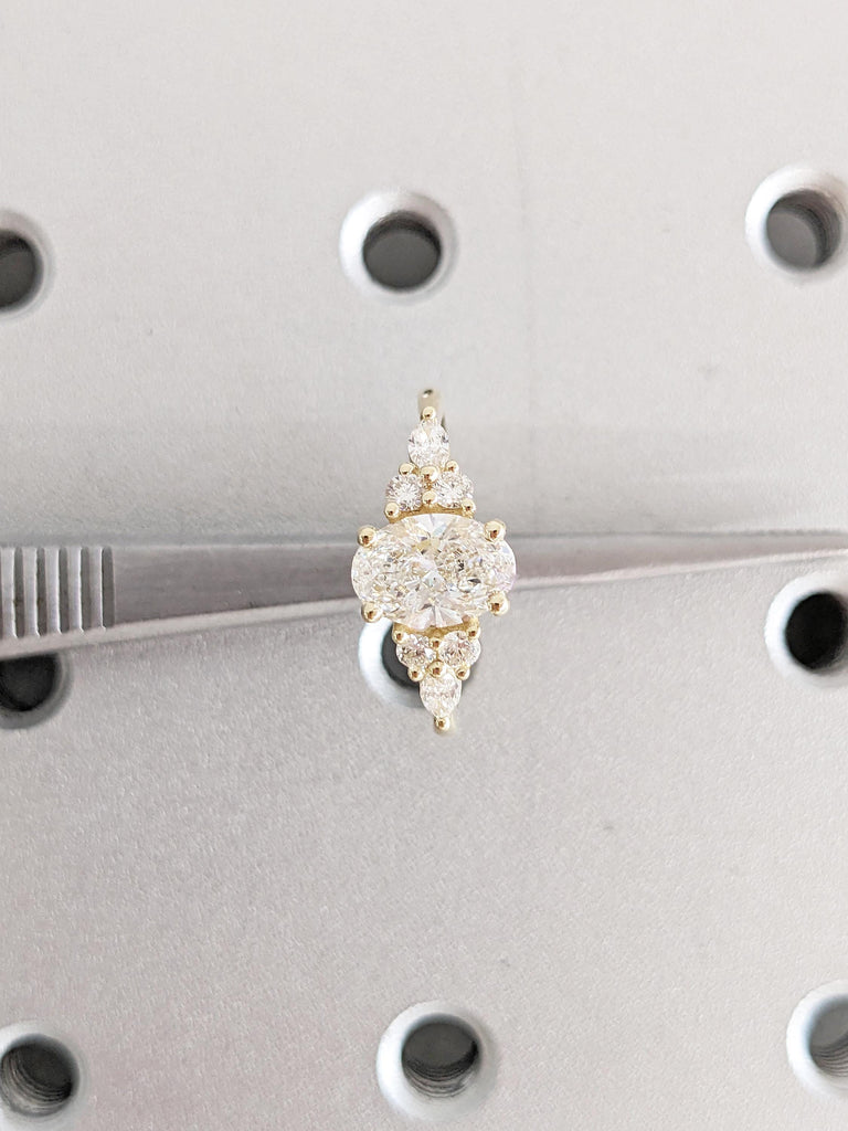 Oval Lab Grown Diamond Ring, Solid Gold Ring, Oval Engagement Ring, Art Deco Lab Diamond Ring, Engagement Gift for Her, Diamond Cluster Ring