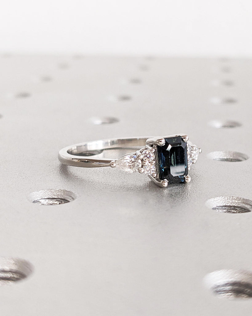 Teal Sapphire Ring | Vintage Emerald Cut Engagement Ring | Platinum or Solid Gold Ring | Unique Antique Wedding Ring | Promise Ring for Her