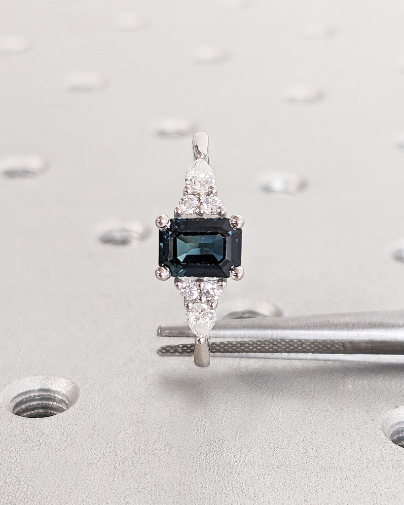Teal Sapphire Ring | Vintage Emerald Cut Engagement Ring | Platinum or Solid Gold Ring | Unique Antique Wedding Ring | Promise Ring for Her