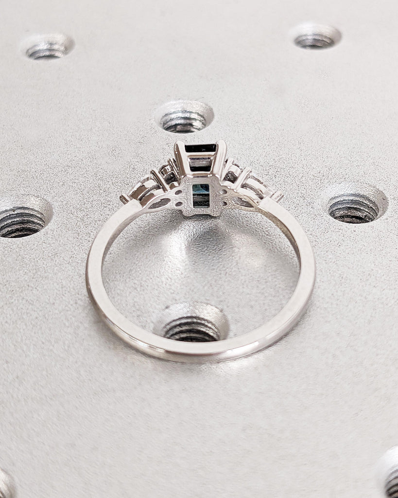 Teal Sapphire Ring | Vintage Emerald Cut Engagement Ring | Platinum or Solid Gold Ring | Unique Antique Wedding Ring | Promise Ring for Her