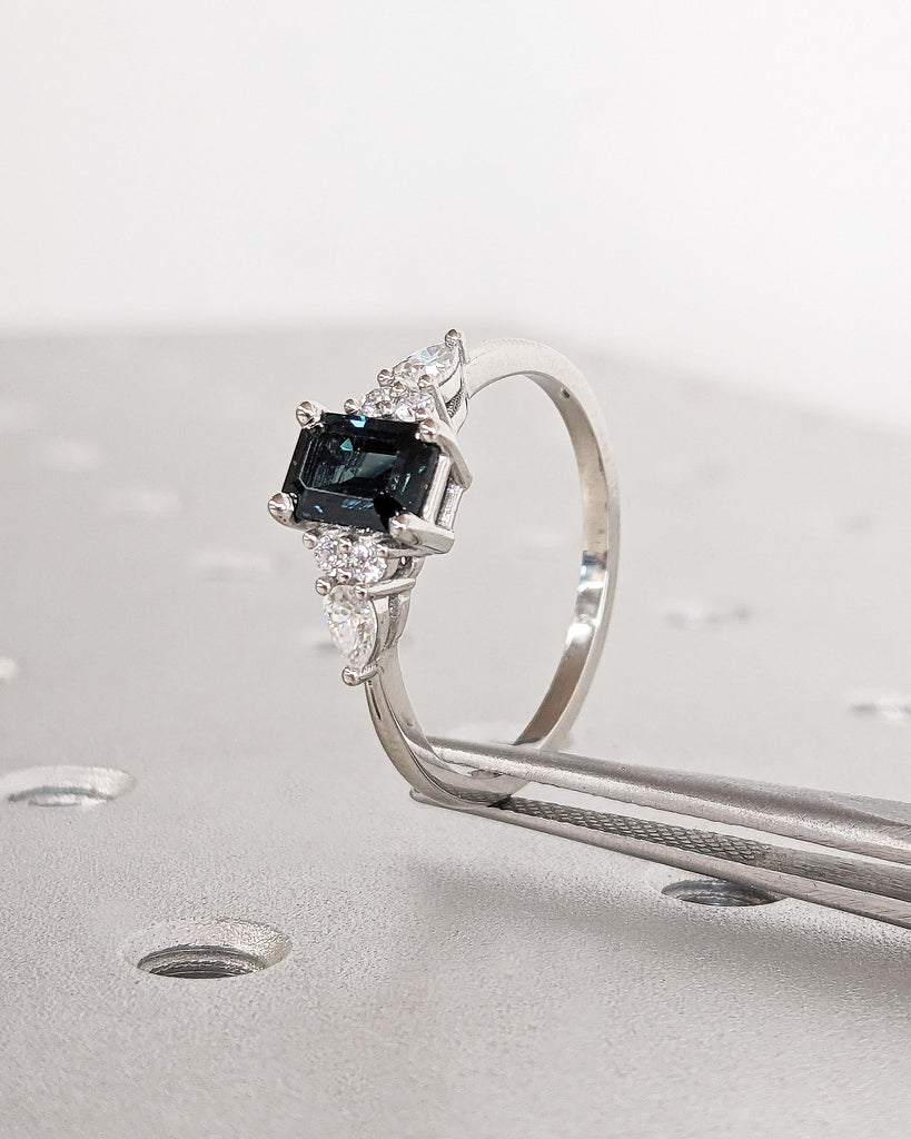 Teal Sapphire Ring | Vintage Emerald Cut Engagement Ring | Platinum or Solid Gold Ring | Unique Antique Wedding Ring | Promise Ring for Her