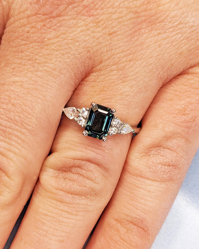 Teal Sapphire Ring | Vintage Emerald Cut Engagement Ring | Platinum or Solid Gold Ring | Unique Antique Wedding Ring | Promise Ring for Her
