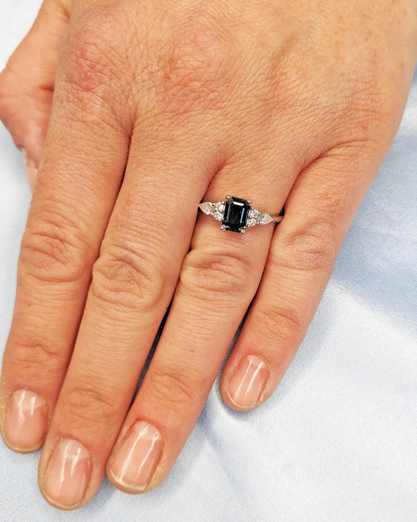 Teal Sapphire Ring | Vintage Emerald Cut Engagement Ring | Platinum or Solid Gold Ring | Unique Antique Wedding Ring | Promise Ring for Her