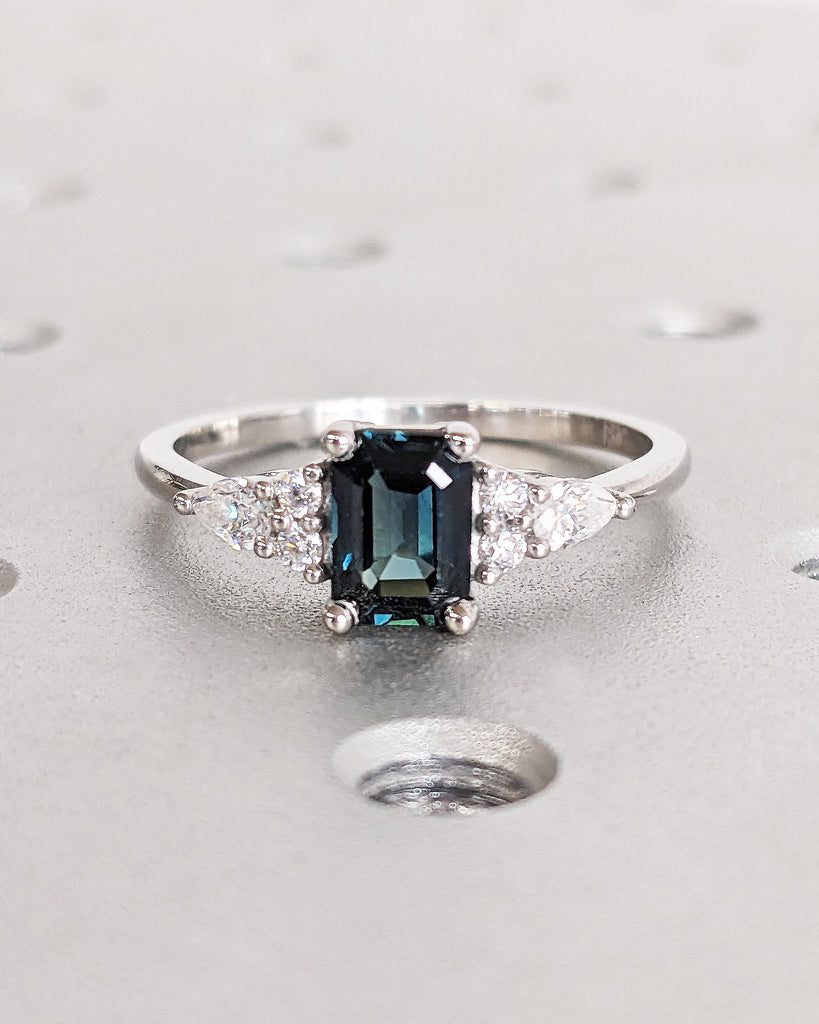 Teal Sapphire Ring | Vintage Emerald Cut Engagement Ring | Platinum or Solid Gold Ring | Unique Antique Wedding Ring | Promise Ring for Her