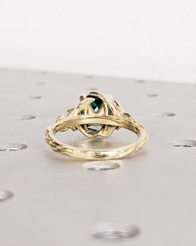 Nature Inspired Green Lab Emerald Engagement Ring Leaves Band, Moissanite Diamond Wedding Ring Leaf Vine Branch, Alternative Engagement Ring
